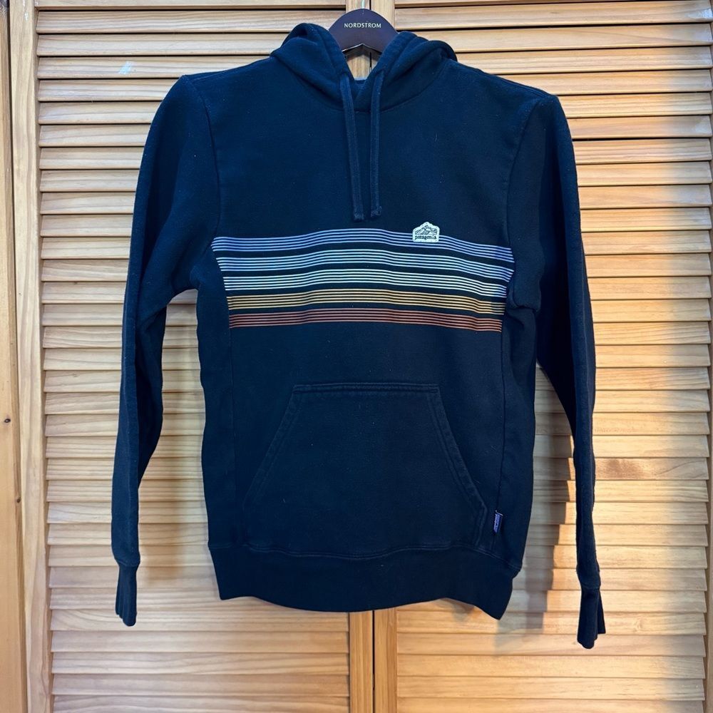Patagonia Black Hoodie with Multicolor Stripes